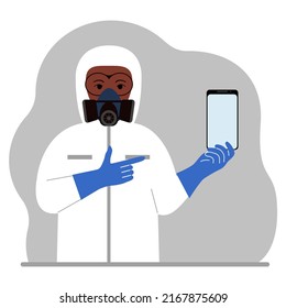 A man in a white radiation protective suit and a helmet with a respirator, chemical or biological safety uniform. Holds a phone. Vector flat illustration.