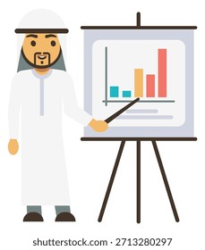 A man in a white robe is standing in front of a white board with a red