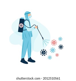 Man in white safety protective uniform disinfecting. Antivirus sanitizing.