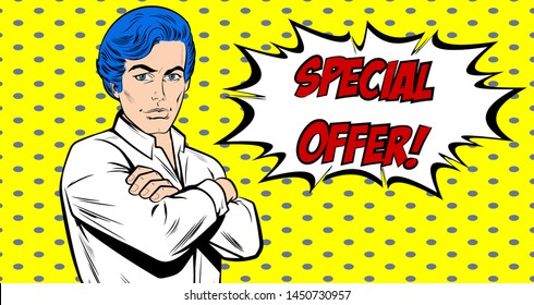 A man in a white shirt with arms folded and serious confident expression. Successful European freelance businessman standing. Sale vector banner. Vector, Retro Comic book cartoon, Pop Art  vintage