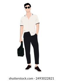 A man in a white shirt and black pants holds a bag. It looks fashionable and elegant.