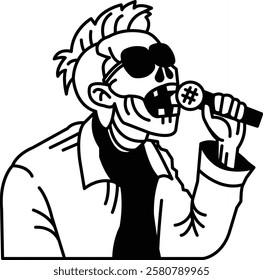 A man in a white shirt and black tie singing into a microphone. He is wearing sunglasses and has a skull on his face