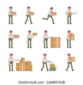 Man in white shirt and green pants posing with parcel box. Delivery service courier holding parcel box, running, walking and showing other actions. Flat design vector illustration