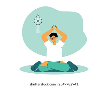 Hombre con camisa blanca y pantalones verdes, meditando con los dos ojos cerrados, levantando las manos sobre la cabeza con calma, actividad interior, Ilustración vectorial.