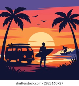 Man in white shirt and hat standing on sandy beach watching sunset with palm trees silhouetted