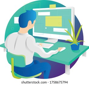 A man in a white shirt sits at a desk in front of a monitor screen