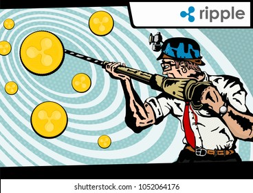 A man in a white shirt and tie mining a ripple cryptocurrency. Flat vector.