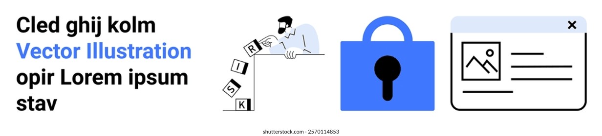 Man in white shirt topples stacked blocks spelling risk, adjacent to a blue lock and webpage icon. Ideal for security, risk management, web design, cybersecurity, data protection. Banner for landing