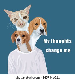 A man in white shirt with two head of beagle dogs and one head of ginger cat, funny imagination of a man who think or care to his pet all the time, vector illustration.