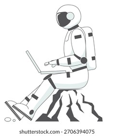 Um homem de traje espacial branco está sentado em uma rocha com um laptop na frente dele