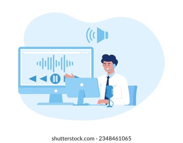 A man in a white suit is sitting with a laptop and a microphone trending concept flat illustration