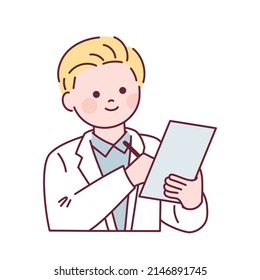  A man in a white suit is writing something in a file. outline simple vector illustration.