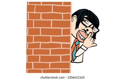 man in white suite hidden behind brick wall vector