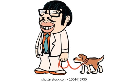man in white suite and his small dog