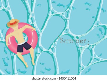 Man in white swimming trunks and hat sit on swimming ring float in water background vector for decoration on summer vacation event.