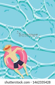 Man in white swimming trunks and hat sit on swimming ring float in water background vector for decoration on summer vacation event.