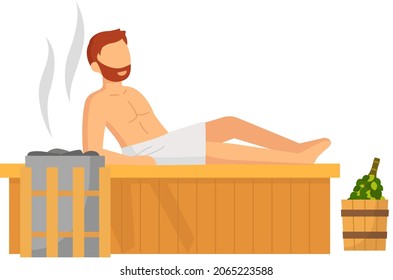 Man in white towel rest on wooden bench at hot steam sauna. Relaxing and wellness in finnish, russian bath or spa center. Heat therapy, relaxation and health care. Bathing character wellness procedure