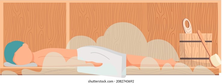 Man in white towel rest on wooden bench at hot steam sauna. Relaxing and wellness in finnish, russian bath or spa center. Heat therapy, relaxation and health care. Bathing character wellness procedure