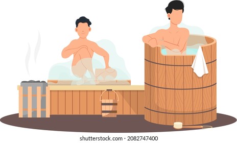 Man In White Towel Rest On Wooden Bench At Hot Steam Sauna. Relaxing And Wellness In Finnish, Russian Bath Or Spa Center. Heat Therapy, Relaxation And Health Care. Bathing Character Wellness Procedure