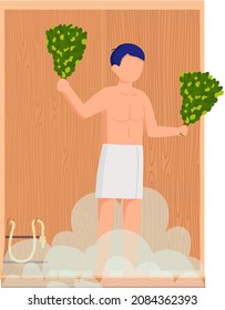Man in white towel rest on wooden bench at hot steam sauna. Relaxing and wellness in finnish, russian bath or spa center. Heat therapy, relaxation and health care. Bathing character wellness procedure