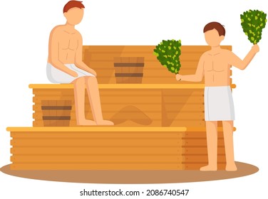 Man in white towel rest on wooden bench at hot steam sauna. Relaxing and wellness in finnish, russian bath or spa center. Heat therapy, relaxation and health care. Bathing character wellness procedure