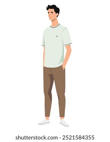 A man in a white t-shirt and brown pants, finished off with white sneakers. Minimalist style.