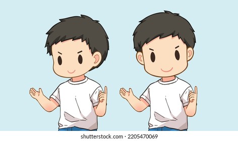 
A man in a white T-shirt with his hand up. He is communicating with someone. Casual outfit, Cartoon character vector Illustration in anime style. Freehand drawing