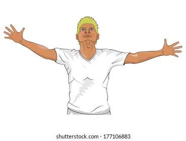 Man in a white t-shirt with outstretched hands. Vector