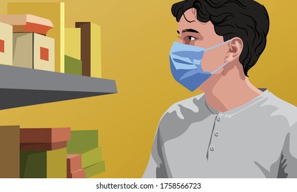 Man in white t-shirt wearing surgical mask looking at shelves with groceries. Yellow background. Vector