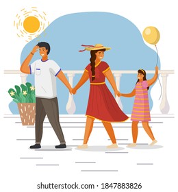 Man in white t-shirt, woman in red dress and wide-brimmed hat leads the girl’s hand with balloon. Sea embankment, sea, ocean, bright sun, clear sky. Boat trip, summer resort relaxation. Hot weather