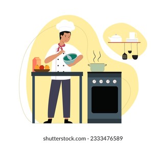 Man in white uniform and cap kneading food in bowl. Process of cooking delicious food in restaurants with kitchen utensils concept. Flat vector illustration in cartoon style