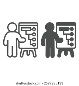 Man at whiteboard infographics line and solid icon, design recruitment concept. Vector graphics. Human with presentation stand sign on white background, outline style icon for mobile or web design
