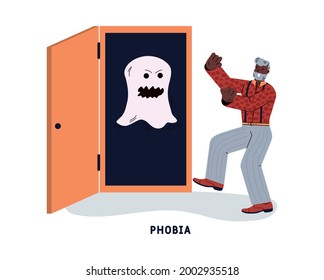 A man who is afraid of an evil ghost from a dark wardrobe. A phobia, anxiety or panic attack. Vector flat illustration isolated on a white background.