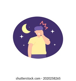 a man who always has a headache at night. suffering from brain cancer, migraine, dizziness. illustration of the expression of a person who endures pain. flat cartoon style. vector design