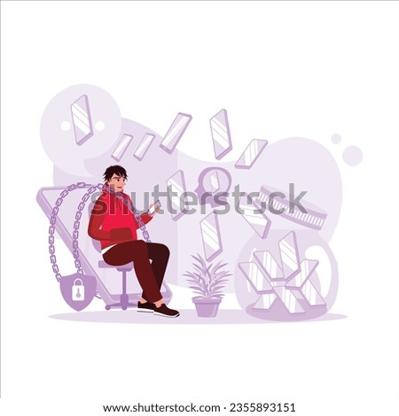 A man who always uses a cell phone daily with a cell phone tied to a chain as a background. Internet Addiction concept. Trend Modern vector flat illustration