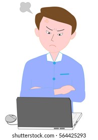 The man who is angry at the trouble of the computer.