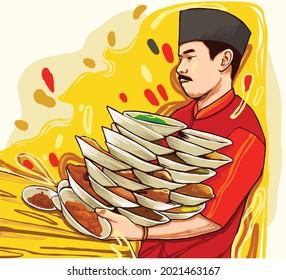 
The man who brings food to the Padang restaurant with many plates