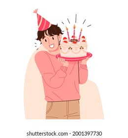 A man who brings you a pretty cake with birthday candles on it. Event celebration concept people vector illustration.