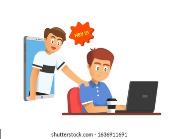 A man who was busy working in front of his laptop, was suddenly called by his friend