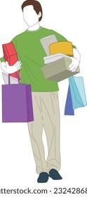 a man who buys a lot of presents at a travel destination and holds them in his arms
