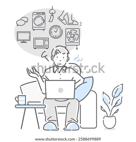 A man who can't concentrate on working from home because of the noise - simple and stylish line drawing illustration