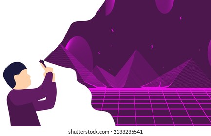 The man who captures the world of the metaverse with his cell phone camera. Concept of Future digital technology metaverse
