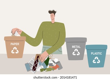 A man who cares about the environment sorts waste into separate containers and throws it into the trash bin for recycling and reuse. Waste recycling. Zero waste concept. Home sorting waste.