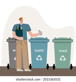 Ein Mensch, der sich um die Umwelt kümmert, sortiert den Müll und wirft den Müll in die Mülltonne, um ihn zu recyceln und wiederzuverwenden. Recycling von Kunststoffen. Konzept der Abfallvermeidung 