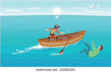 The man who was caught by a pirate while in the boat and the pirate who chased the man with a sword and threw him into the sea
