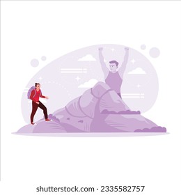 The man who climbed the mountain with strength and power. Concept of ideals, success, and goals. Trend Modern vector flat illustration.