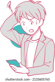 A man who is confused because he does not know how to use it by operating a smartphone
