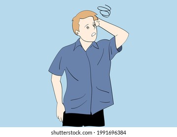 A man who is confused because of a problem. Man holding his hair confused, his head dizzy.