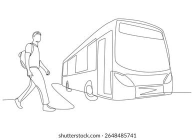 A man who continues his journey by transiting by bus. Travel in transit concept one-line drawing