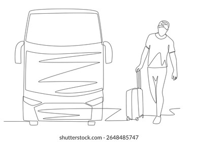 A man who continues his journey by transiting by bus. Travel in transit concept one-line drawing